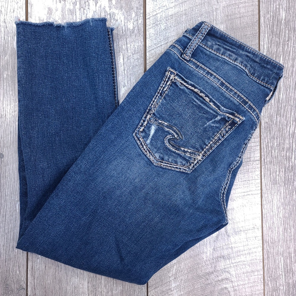 Silver Jeans Boyfriend Womens 27x27 Blue Distressed Raw Hem Mid Rise Straight